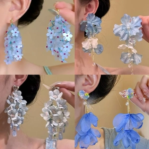 Handmade chiffon flower tassel earrings with blue and white petals and elegant beads