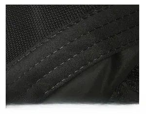 Macro detail of breathable black mesh sweatband with reinforced stitching on baseball cap