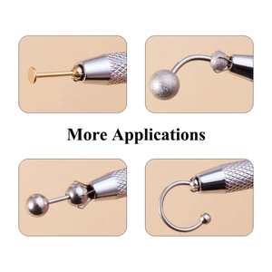 Detail showing multi-use piercing tool holding various beads and jewelry parts
