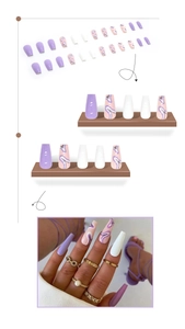 Detail of purple wavy marble press-on nails in long coffin shape with ribbon accents