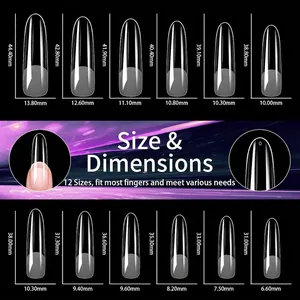 Size chart showing 12 dimensions of XXL extra long square fake nail tips for fitting