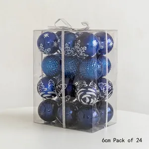 24-pack of 6cm royal blue Christmas ornaments with assorted glitter and snowflake patterns
