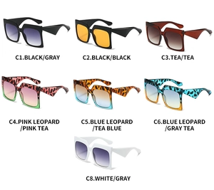 Collage of oversized square sunglasses in black, tea, leopard print, and white finishes