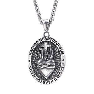 Sacred Heart of Jesus cross pendant in vintage silver stainless steel with wheat chain