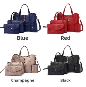 Detail showing crocodile pattern texture and four color options for the 4-piece handbag set