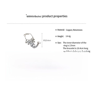 Detailed dimensions of sparkling rhinestone hand harness with copper chain and ring
