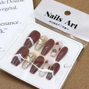 Faux ongles marron et rose à paillettes avec strass cœur, kit de 10 pièces de luxe
