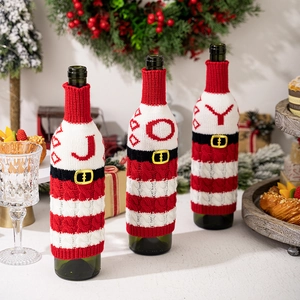 Christmas knitted wine bottle cover set red white striped holiday table decoration gift.