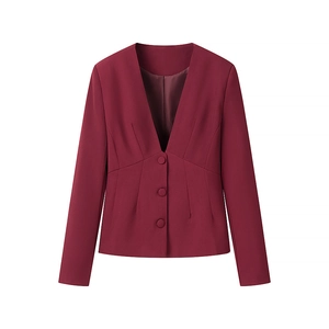 Women's burgundy V-neck slim blazer with long sleeves and three matching buttons on white background