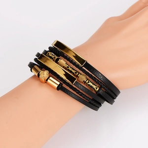 Men's multilayer braided black leather bracelet with gold stainless steel cross accents