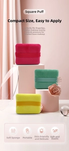 Detailed close-up of square makeup puffs in pink, green, and yellow with ribbon handles