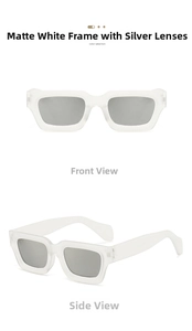 Retro thick square sunglasses in matte white frame with silver mirrored lenses detail