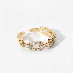 Gold plated stainless steel open chain ring with sparkling pavé cubic zirconia