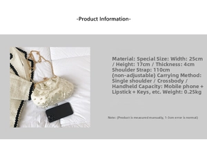 Detailed specs of cloud-shaped clutch bag with faux pearls and golden chain strap