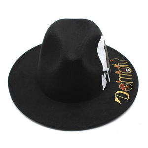 Black wool fedora with gold Demon embroidery and white hand-drawn street style prints