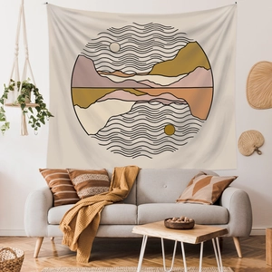 Bohemian tapestry featuring abstract mountains and sun for living room wall decor