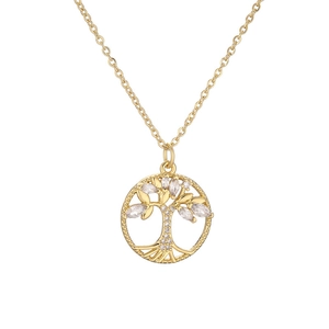 Golden tree of life pendant necklace with sparkling cubic zirconia on white background