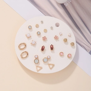 Detailed set of 12 gold-tone geometric and floral earrings with pearls and rhinestones