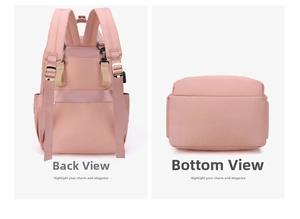 Pink diaper backpack back view with padded straps, luggage strap and flat bottom detail