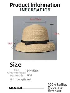 Detailed size chart showing 54-57cm circumference of the raffia straw sun hat with ribbon