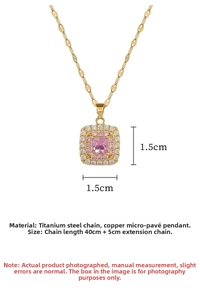 Detailed view of pink princess cut gemstone pendant set with micro-pave crystals