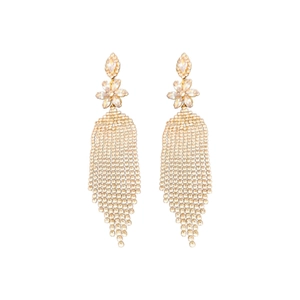 Elegant gold-tone flower tassel earrings with sparkling zircon crystals on white background