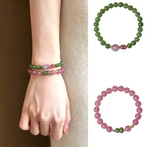Elegant beaded crystal bracelet set with pink quartz and green beads for women