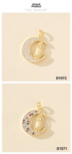 Detailed close-up of golden crescent moon pendants with Virgin Mary and colorful crystals