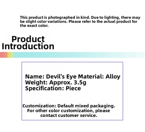 Specifications chart for alloy Evil Eye charms with weight and customization details
