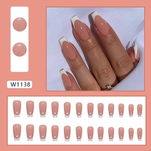 Classic mid-length coffin French press-on nails with white tips and nude pink base
