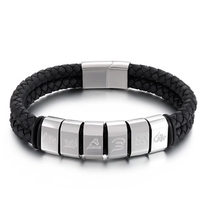 Men's double-layered black braided leather bracelet with six engraved stainless steel beads
