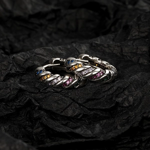 Retro S925 silver hoop earrings with twisted rope texture and colorful rainbow cubic zirconia