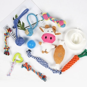 Detail view of durable pet toy set including colorful cotton ropes and plush squeaky toys