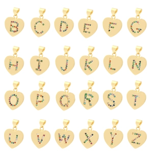 Colorful zircon heart initial pendants in 18K gold plated copper, set of A-Z charms