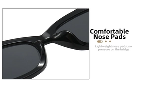 Detail of comfortable integrated nose pads on glossy black square sunglasses for daily wear