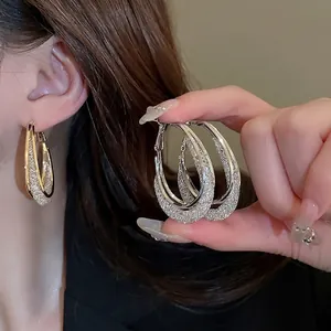 Women Alloy Mesh Oval Hoop Earrings With 925 Sterling Silver Earring Post Double Layer Shiny Geometric Jewelry Fashion