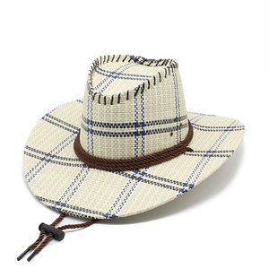 Western style woven straw sun hat with blue plaid trim and adjustable chin strap