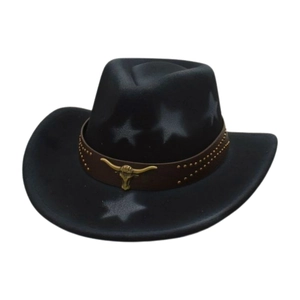 Western black felt cowboy hat with leather rivet band and bull head metal pendant