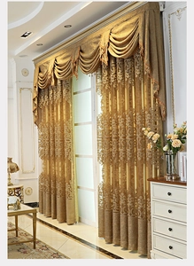 Detailed luxury gold European window valance with intricate embroidery and texture