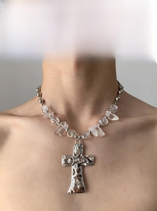 Detailed view of beaded crystal cross necklace showing 40cm chain and adjustable length