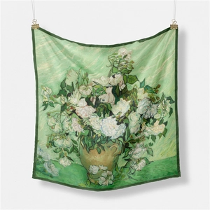 Detailed texture of Van Gogh pink roses oil painting print on premium silk square scarf