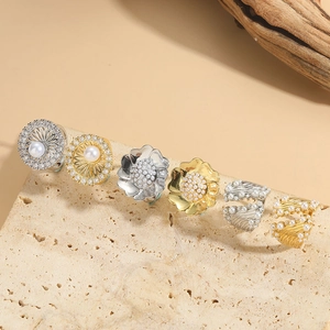 Women Open Rings Flower Design Copper With Zircon And ABS Artificial Pearl Adjustable Simple Vintage Style
