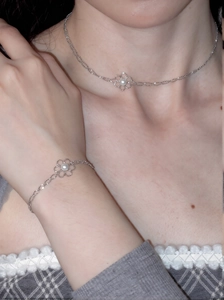 Nahaufnahme von silbernem Halsketten- und Armband-Set mit Blumenmotiven und Perlen