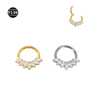 F136 Titanium clicker nose rings with marquise zircon in gold and silver finishes