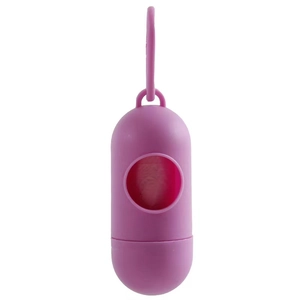Close-up of purple capsule pet waste bag dispenser with hook and circular side opening