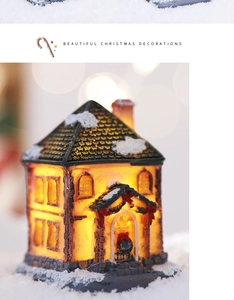 Macro view of a two-story Christmas snow house with glowing warm LED windows