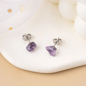 Natural purple amethyst raw stone stud earrings with minimalist silver-tone metal posts