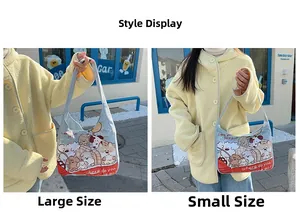 Comparison of large and small cartoon bear canvas tote bags shown on the shoulder