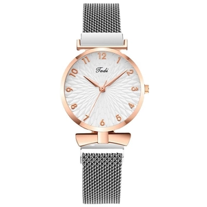 Tadi women's watch with rose gold sunflower dial, grey mesh band and bow accent