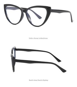Detail view of black cat eye glasses frames showing the side profile and top angle design